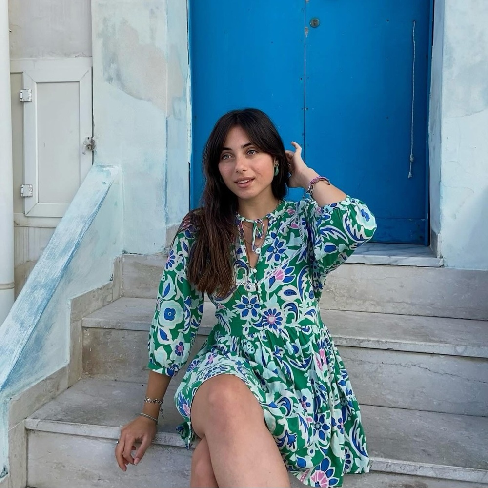 Zara Green Floral Mini Dress with Blue and White Accents